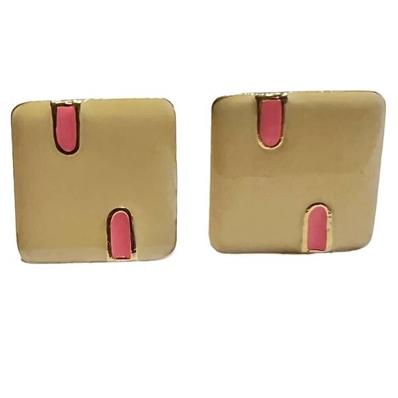 1990s Cream & Pink Square Clip-On Earrings Pastel Retro Jewelry - Picture 7 of 8